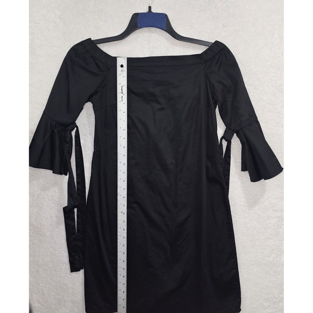 H&M Women's Black Off-The-Shoulder Short Dress 3/4 Bell Sleeves With Ties Size 6 - Picture 7 of 8